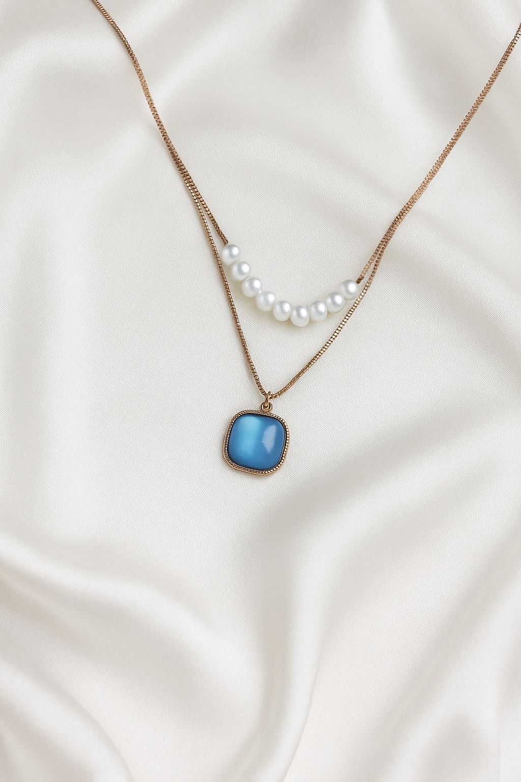 Zelra Dual-Layer Imitation Necklace with Pearls & Blue Pendant
