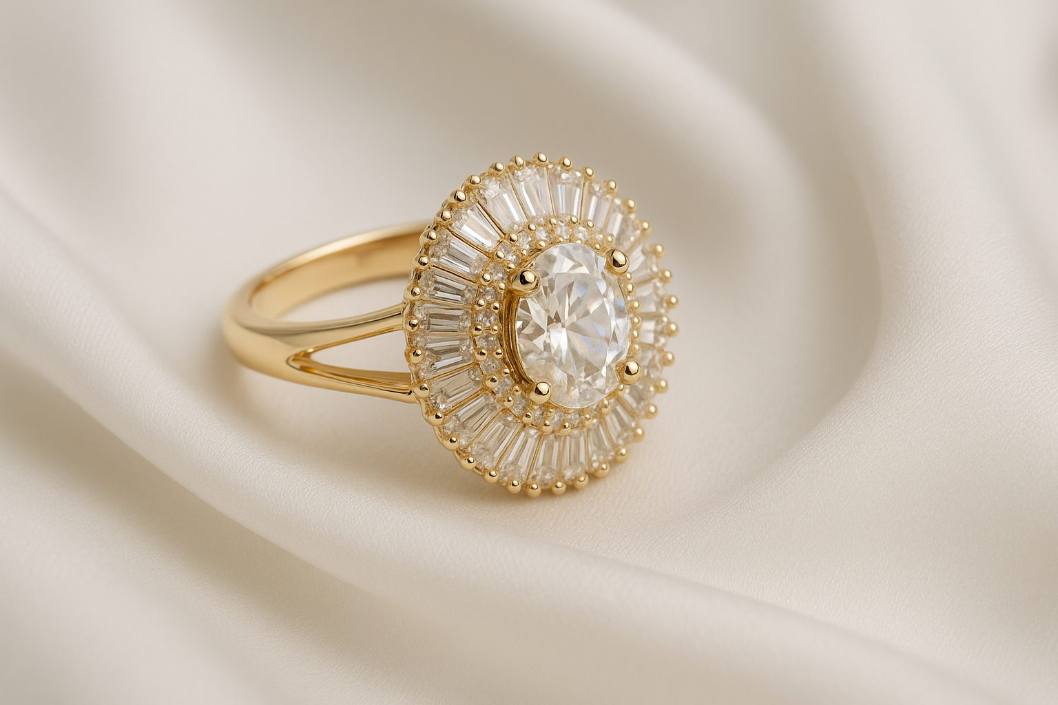 Zelra Radiant Oval-Cut Imitation Halo Ring in Gold Finish