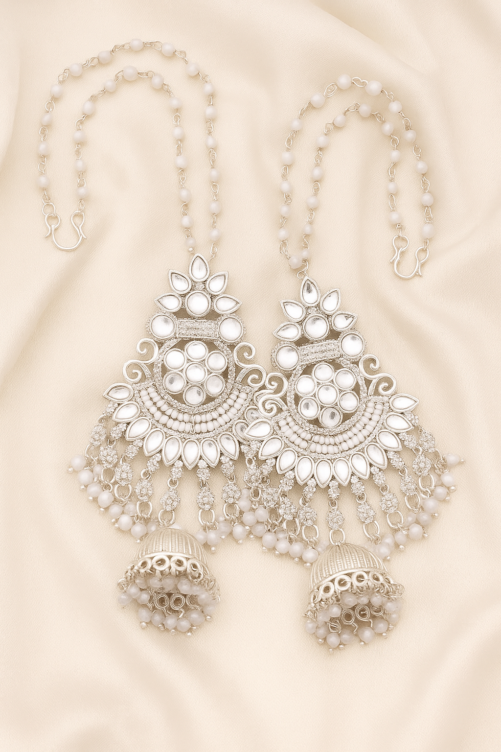 Zelra Mesmerizing White Kundan Pearl Bridal Earrings with Enchanting Jhumka Drops