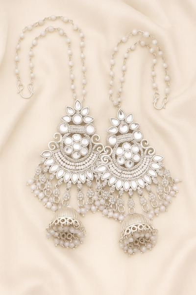 Zelra Mesmerizing White Kundan Pearl Bridal Earrings with Enchanting Jhumka Drops