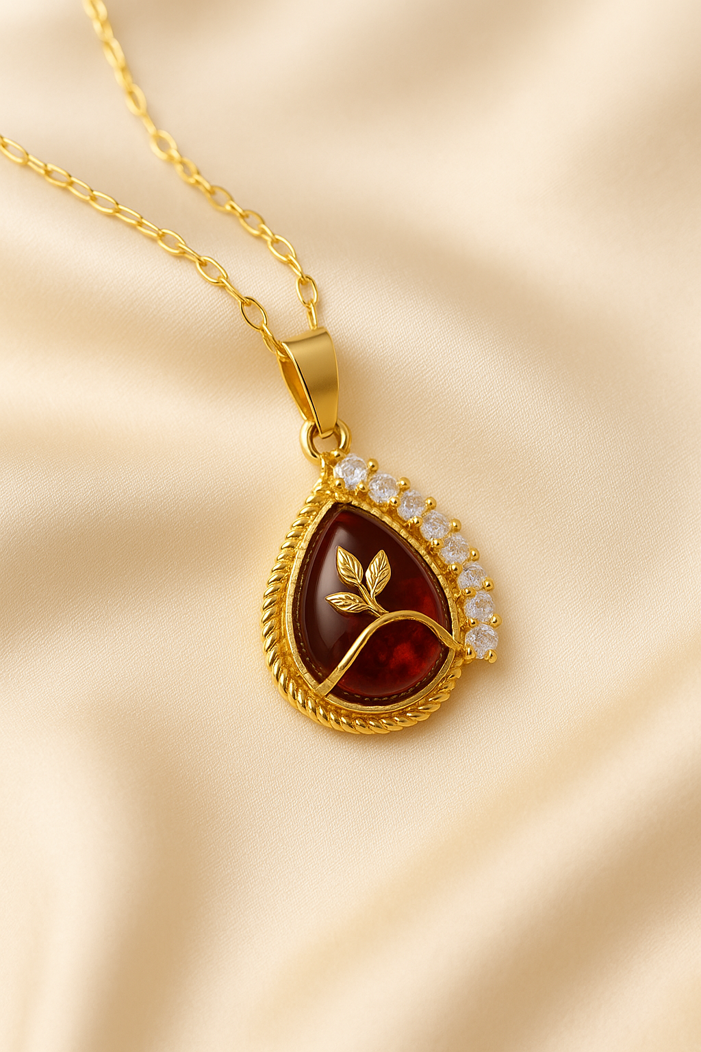 Zelra GarnetLeaf Teardrop Pendant Necklace