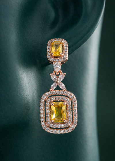 Zelra Rose Gold AD Canary Yellow Double Halo Drop Earrings (P-4)