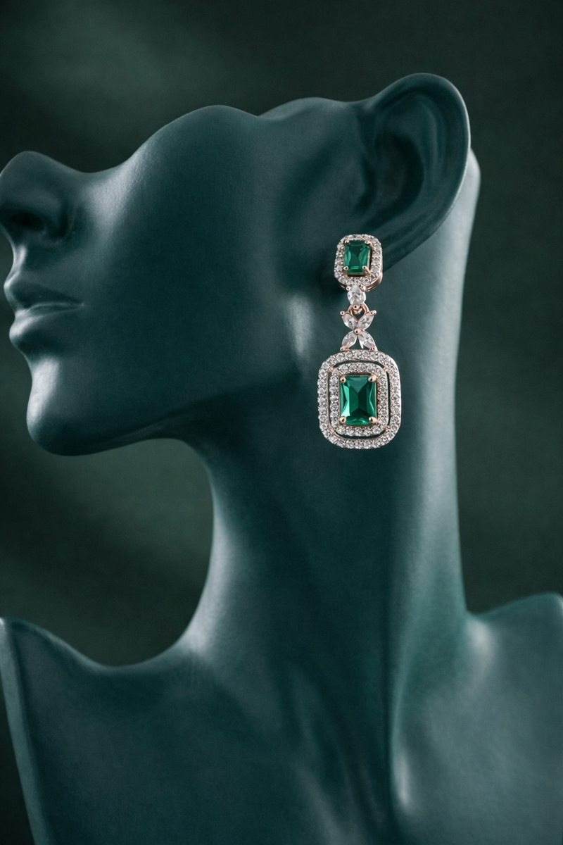 Zelra Rose Gold AD Emerald Green Double Halo Drop Earrings (P-3)