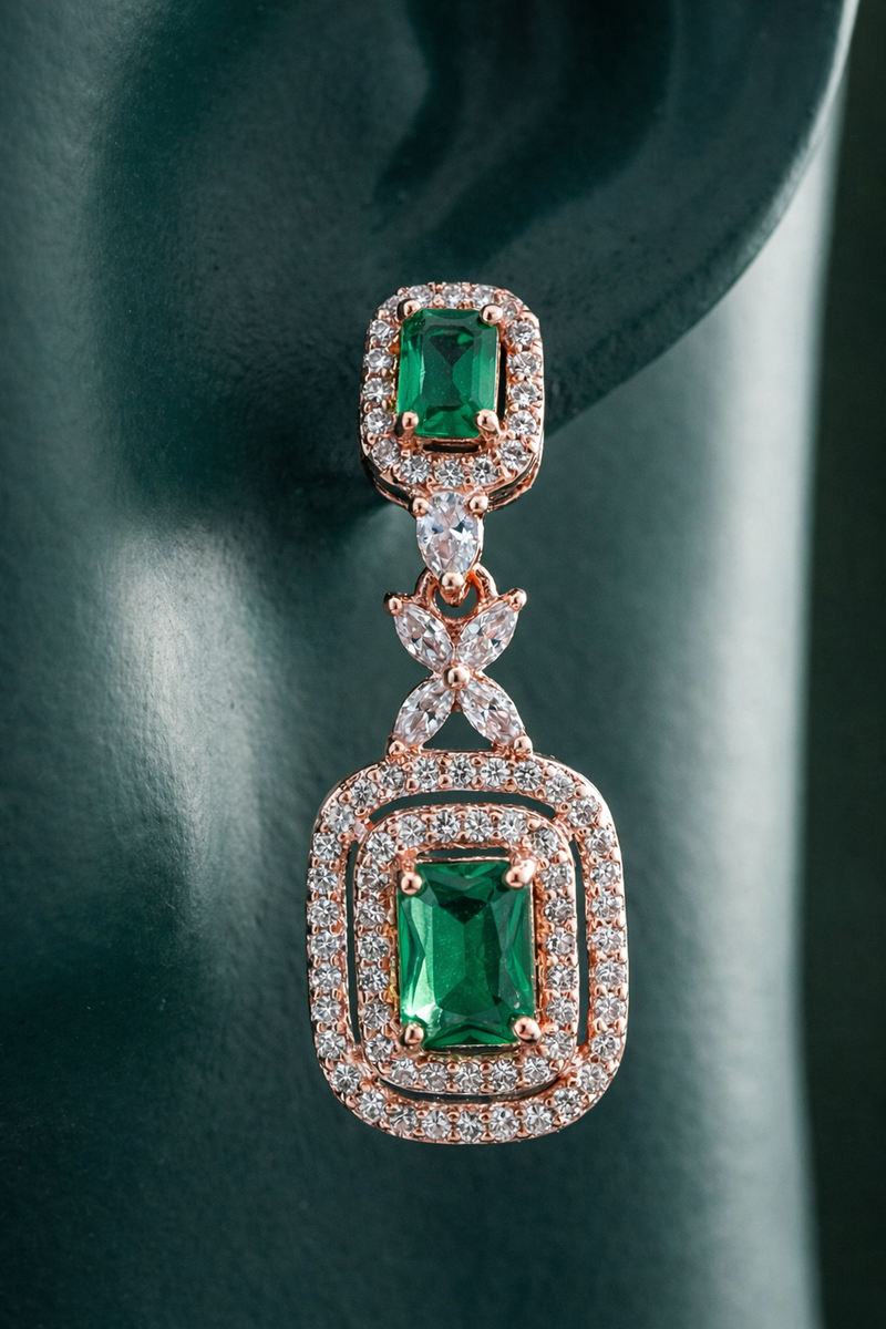 Zelra Rose Gold AD Emerald Green Double Halo Drop Earrings (P-3)