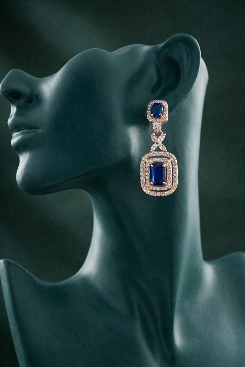 Zelra Rose Gold AD Sapphire Blue Double Halo Drop Earrings (P-2)