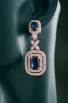 Zelra Rose Gold AD Sapphire Blue Double Halo Drop Earrings (P-2)
