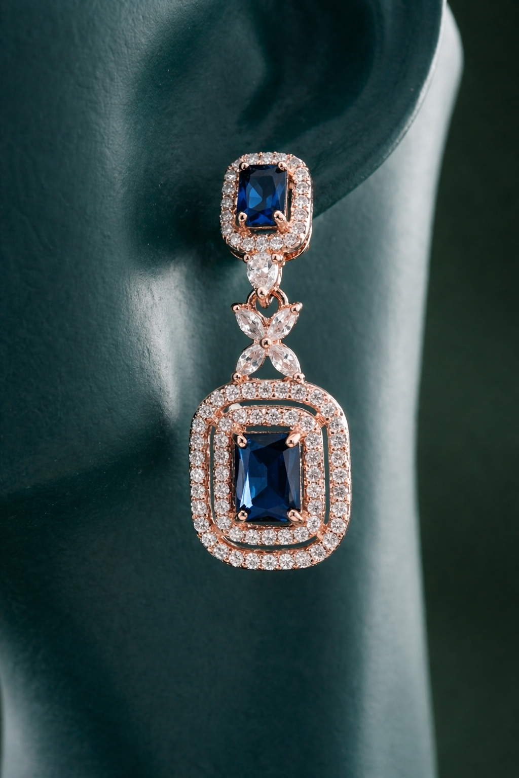 Zelra Rose Gold AD Sapphire Blue Double Halo Drop Earrings (P-2)