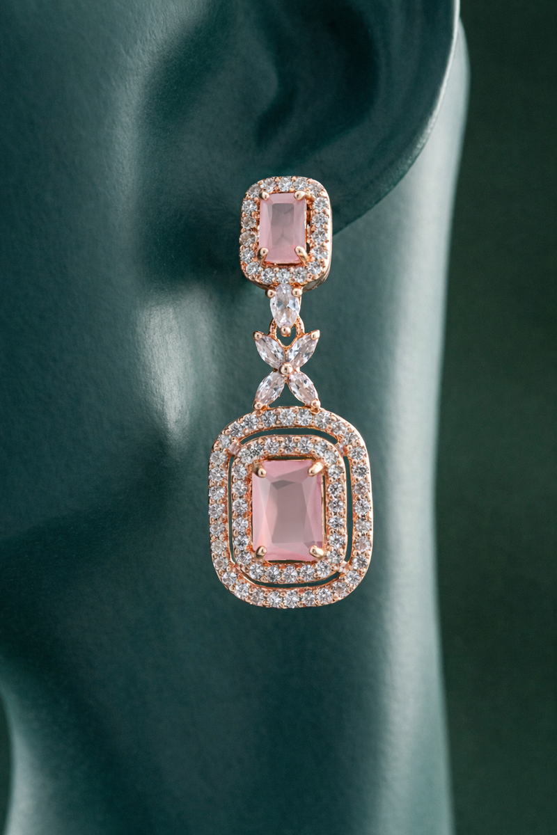 Zelra Rose Gold AD Blush Pink Double Halo Drop Earrings (P-6)