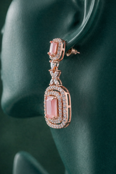 Zelra Rose Gold AD Blush Pink Double Halo Drop Earrings (P-6)