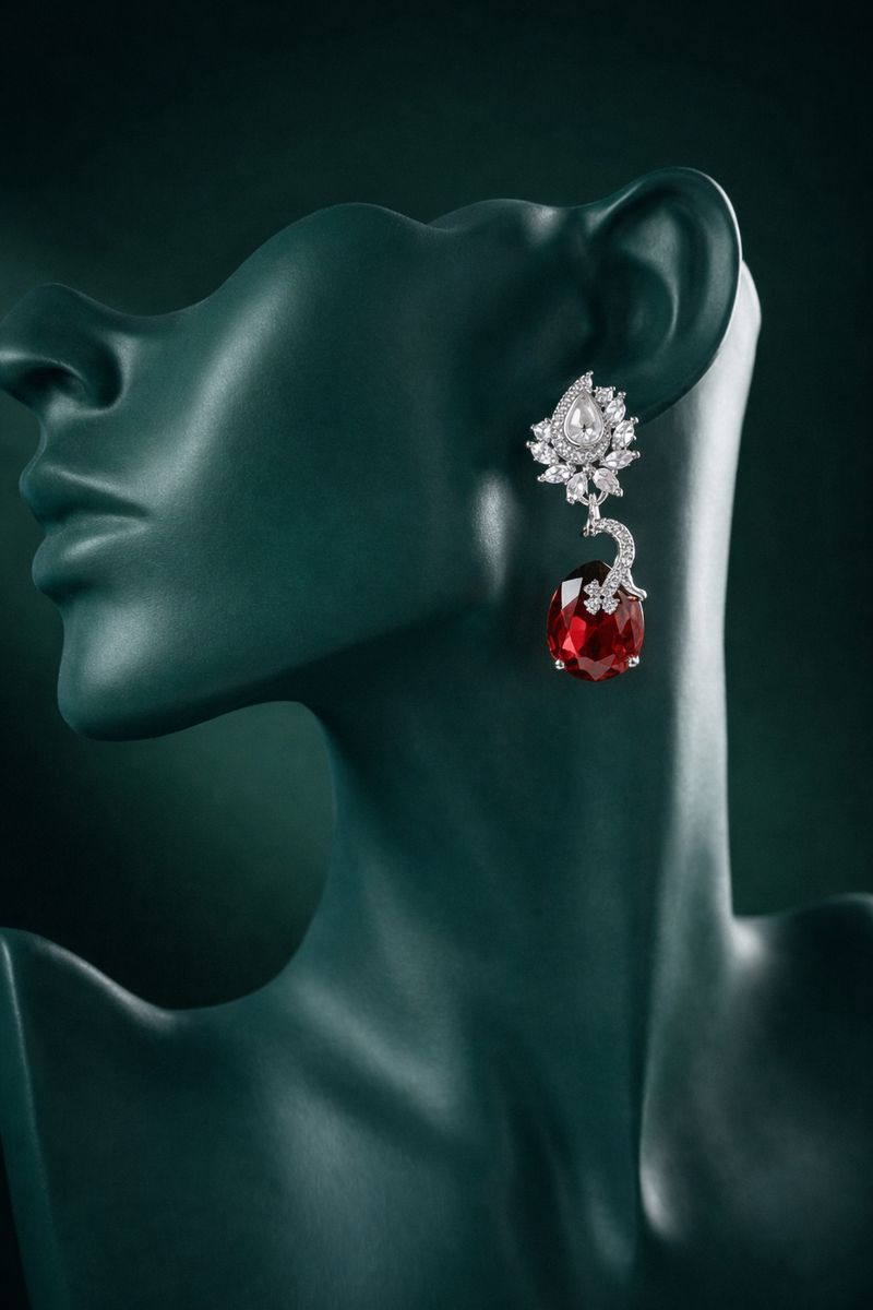 Zelra Rhodium Plated AD Ruby Red Teardrop Earrings