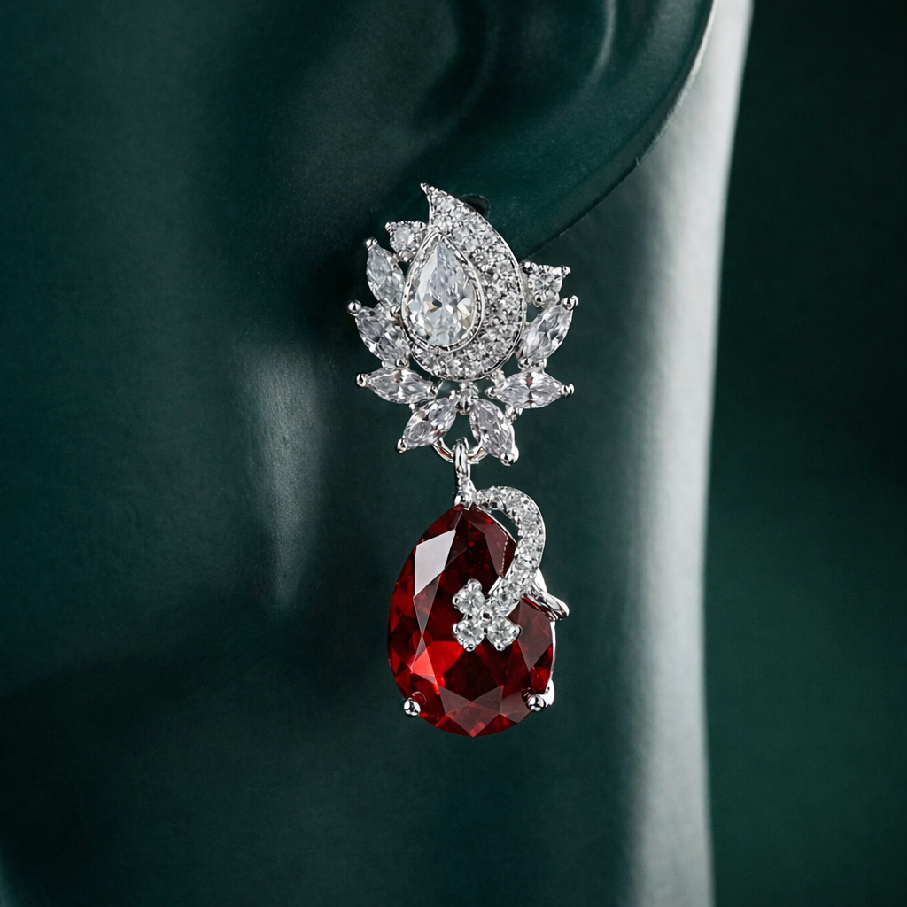 Zelra Rhodium Plated AD Ruby Red Teardrop Earrings