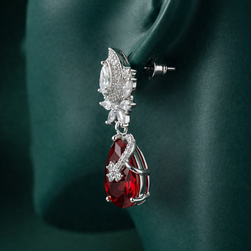 Zelra Rhodium Plated AD Ruby Red Teardrop Earrings