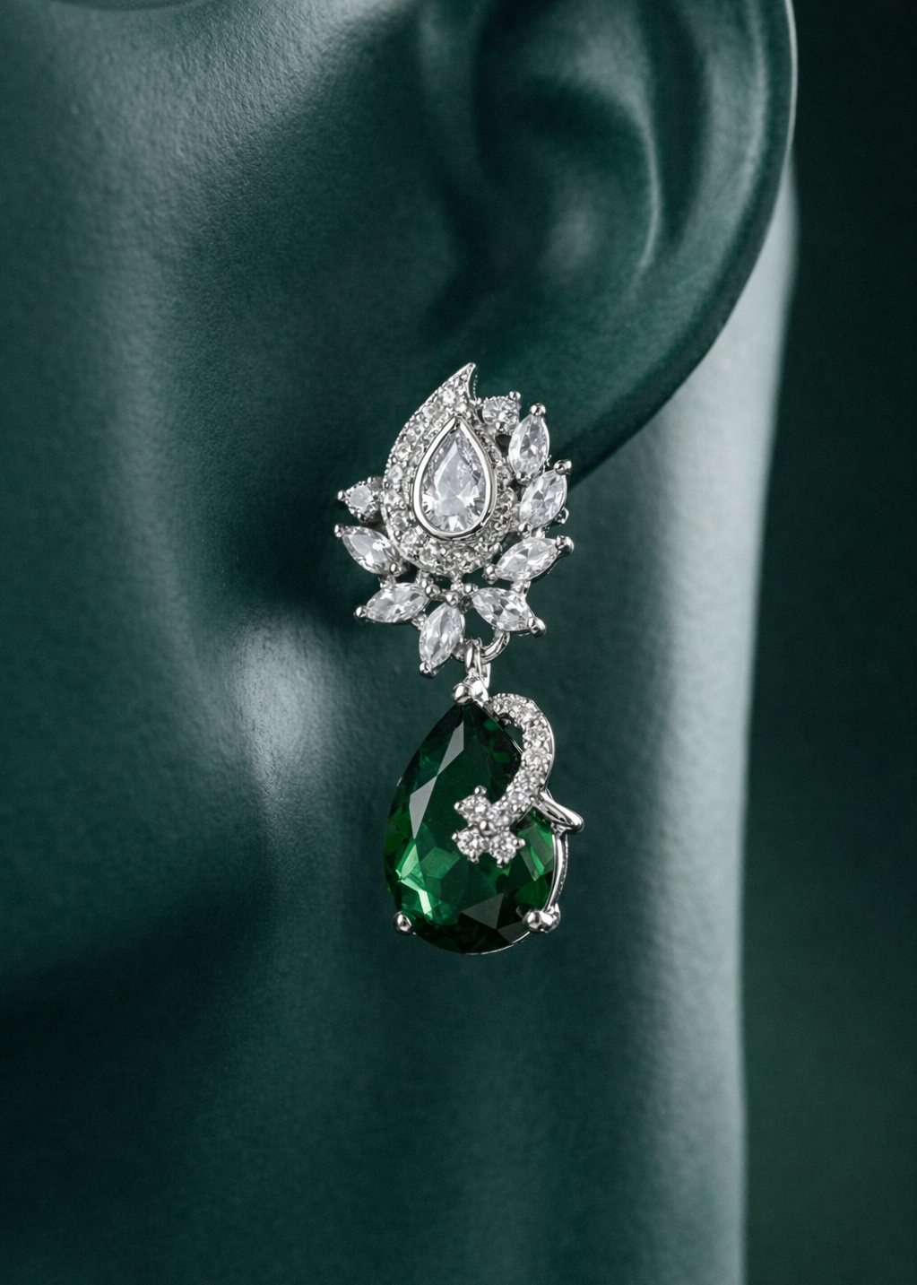 Zelra Rhodium Plated AD Emerald Green Teardrop Earrings