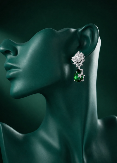 Zelra Rhodium Plated AD Emerald Green Teardrop Earrings