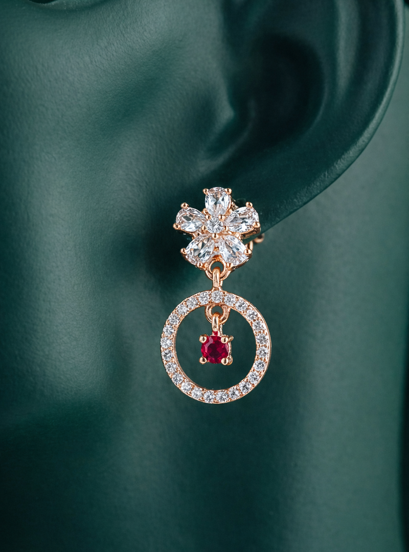 Radiant Rose Gold-Plated Halo Drop Earrings | Red Stone by Zelra Jewellery ✨