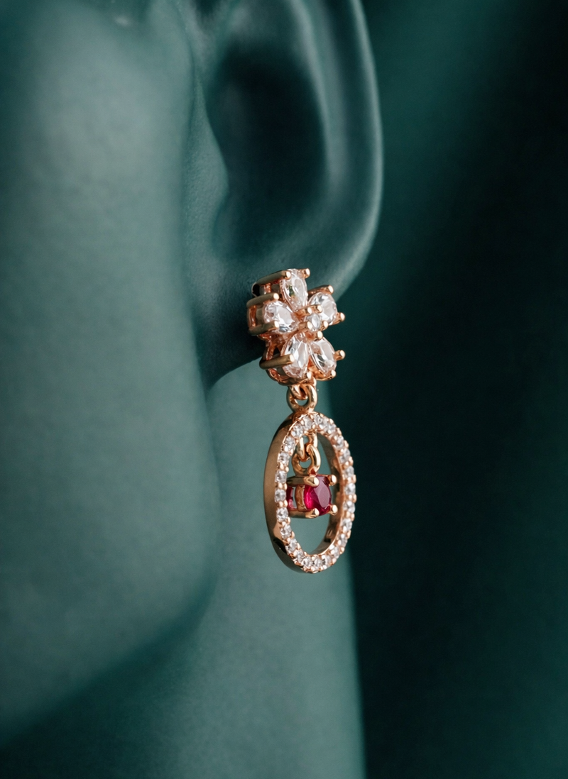 Radiant Rose Gold-Plated Halo Drop Earrings | Red Stone by Zelra Jewellery ✨