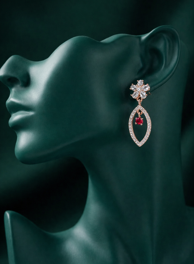 Elegant Rose Gold-Plated Marquise Drop Earrings | Red Stone by Zelra Jewellery ✨