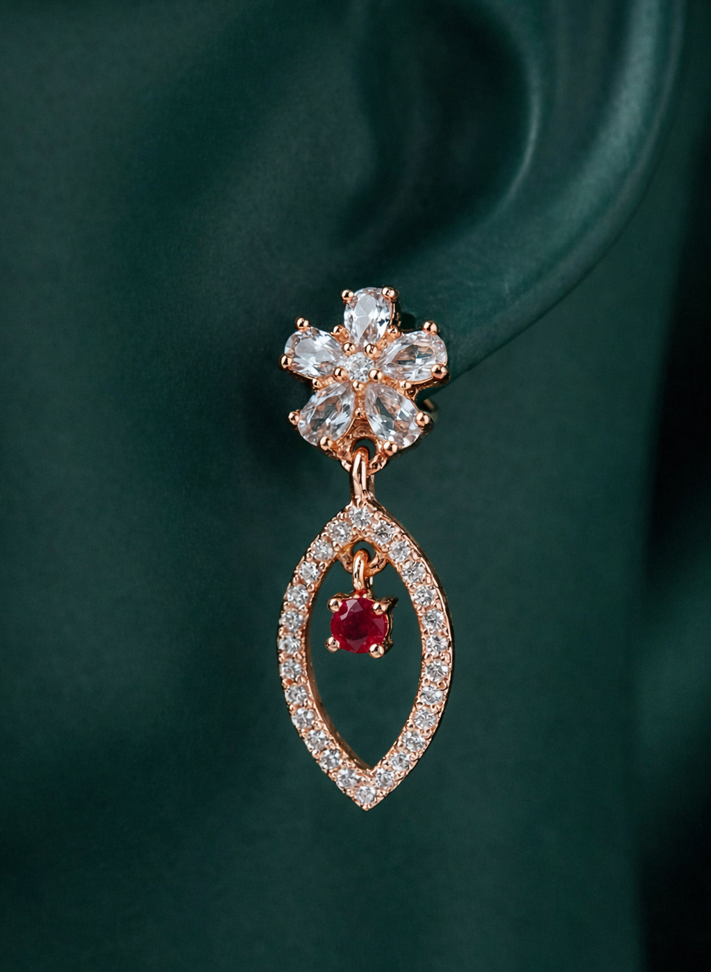 Elegant Rose Gold-Plated Marquise Drop Earrings | Red Stone by Zelra Jewellery ✨