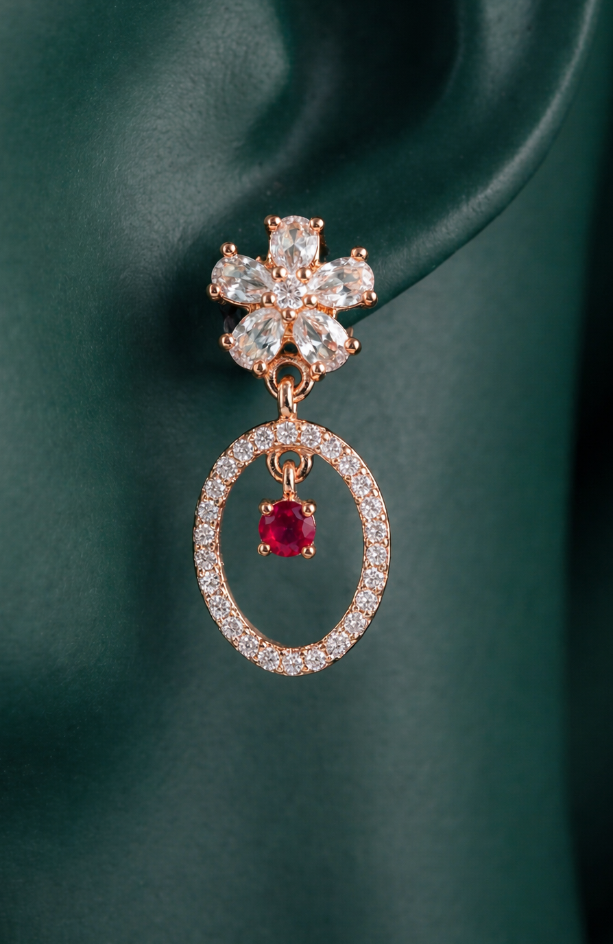 Elegant Rose Gold-Plated Oval Drop Earrings | Red Stone by Zelra Jewellery ✨