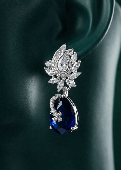 Zelra Rhodium Plated AD Sapphire Blue Teardrop Earrings