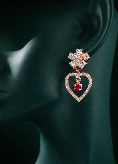 Romantic Rose Gold-Plated Heart Drop Earrings | Red Stone by Zelra Jewellery ✨