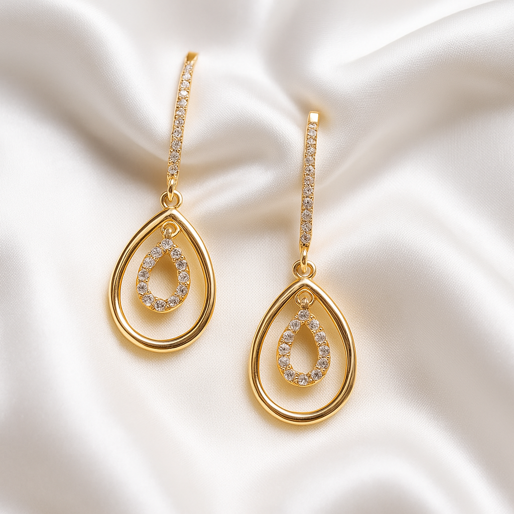 Zelra Rose Gold AD Earrings | Elegant Anti-Tarnish Earrings | Double Teardrop Earrings | Daily Wear Rose Gold Earrings | Chic AD Statement Earrings RGA-02