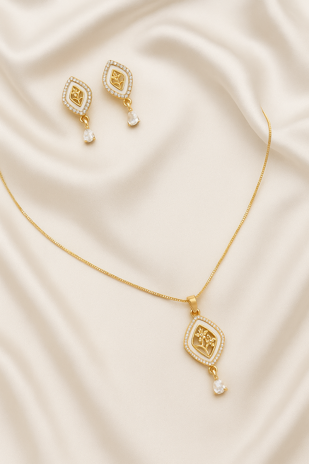 A D DIAMOND GOLD PLATED DESIGNER FORMING CHAIN PENDANT WITH EARRING DGP-01