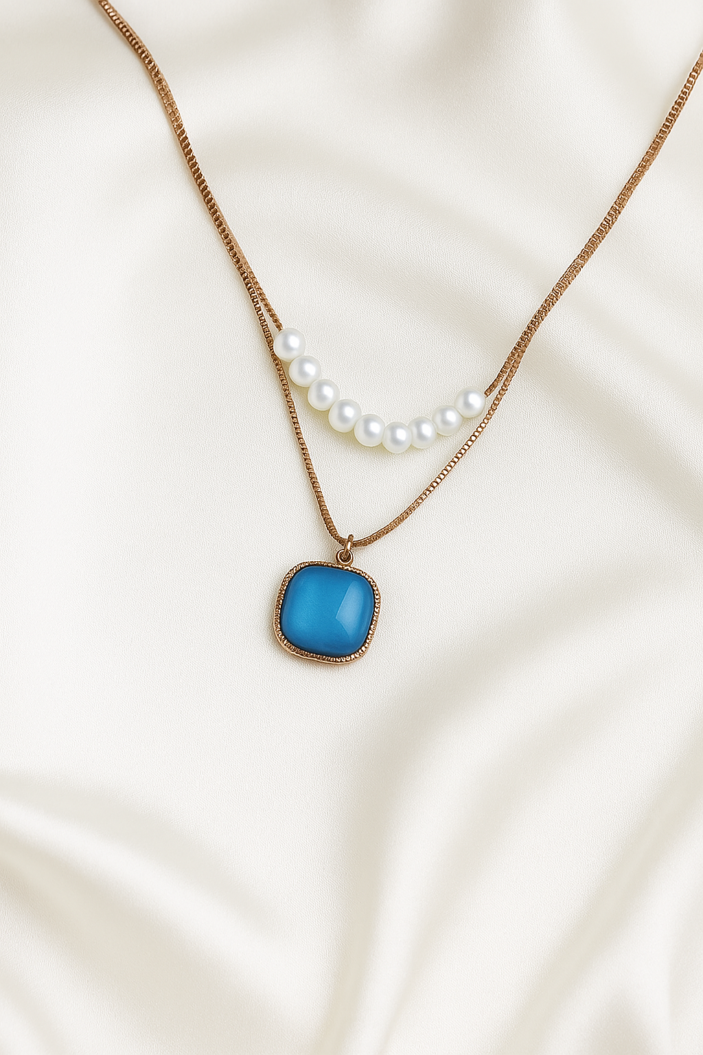 Zelra Dual-Layer Imitation Necklace with Pearls & Blue Pendant
