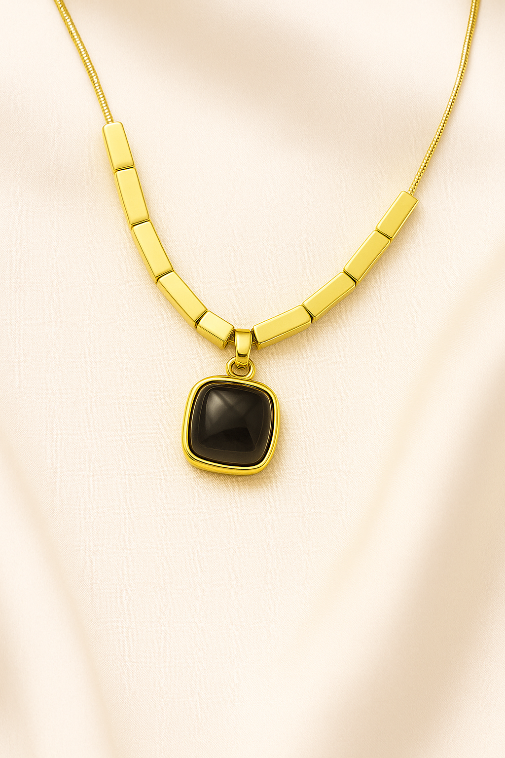 Zelra Bold Black Square Pendant Necklace in Gold Finish (Imitation Jewelry)