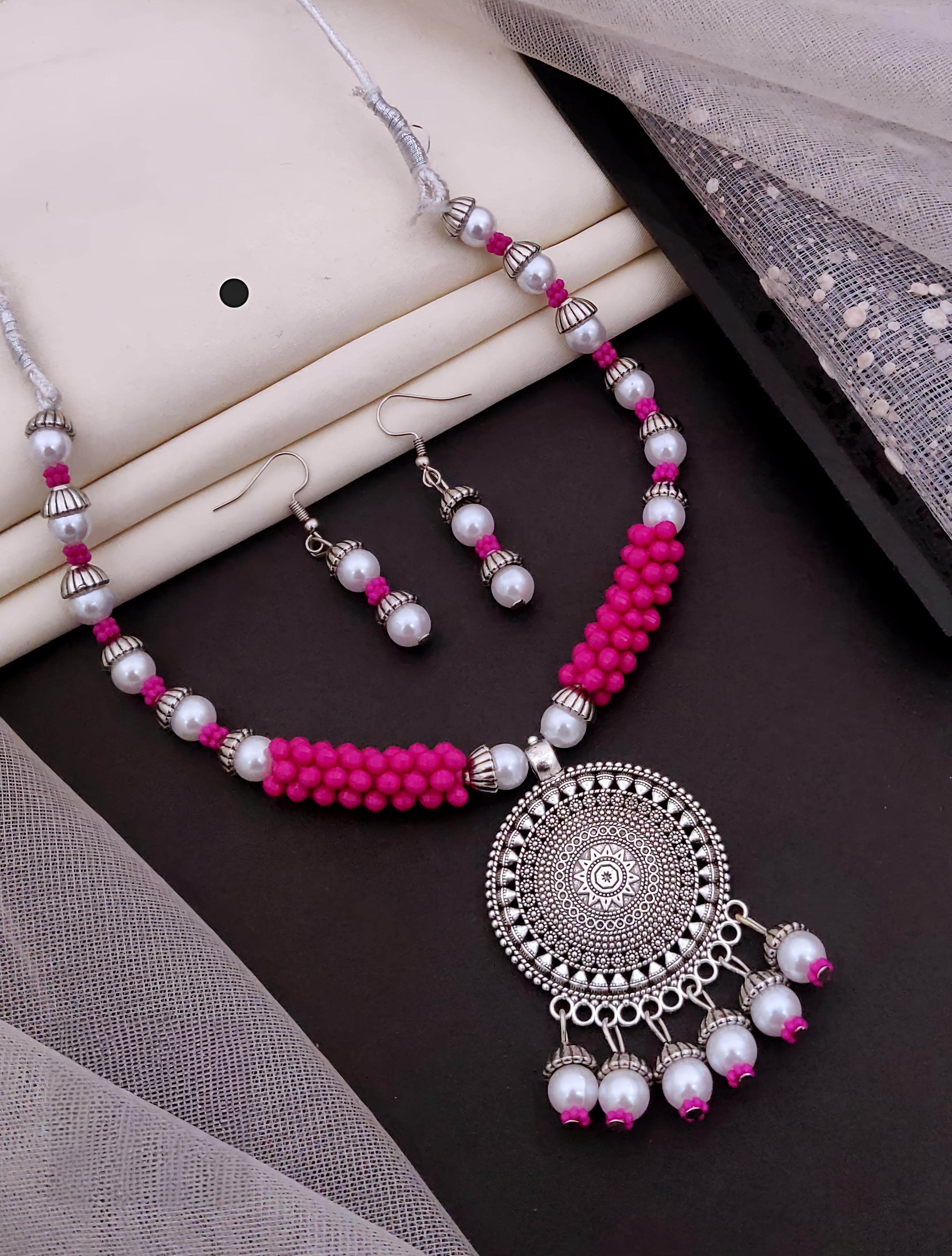 Pink Beaded Oxidised Necklace Set with Earrings