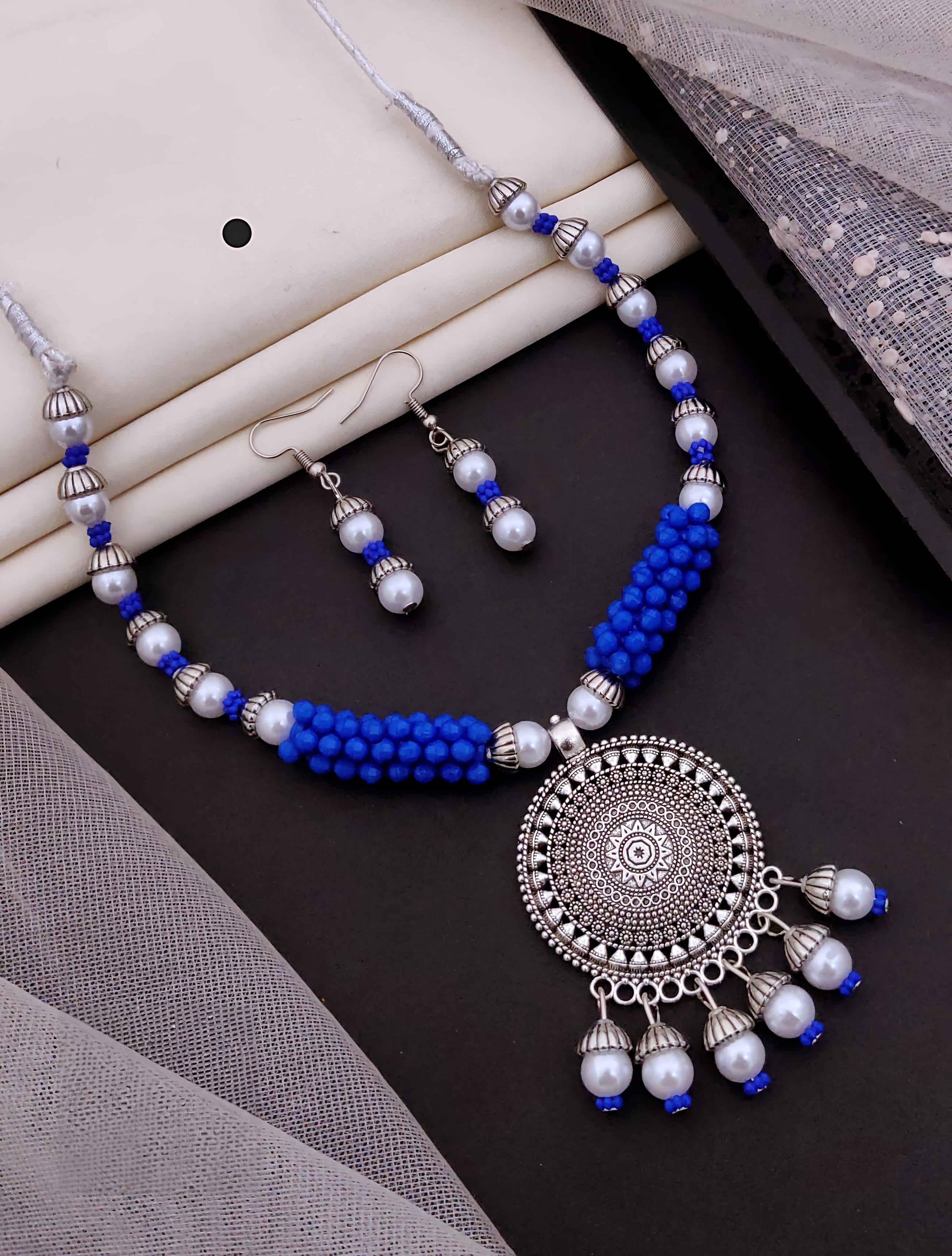 Pink Beaded Oxidised Necklace Set with Earrings