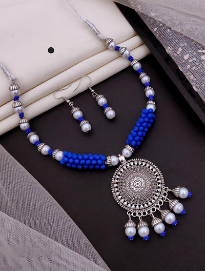 Pink Beaded Oxidised Necklace Set with Earrings