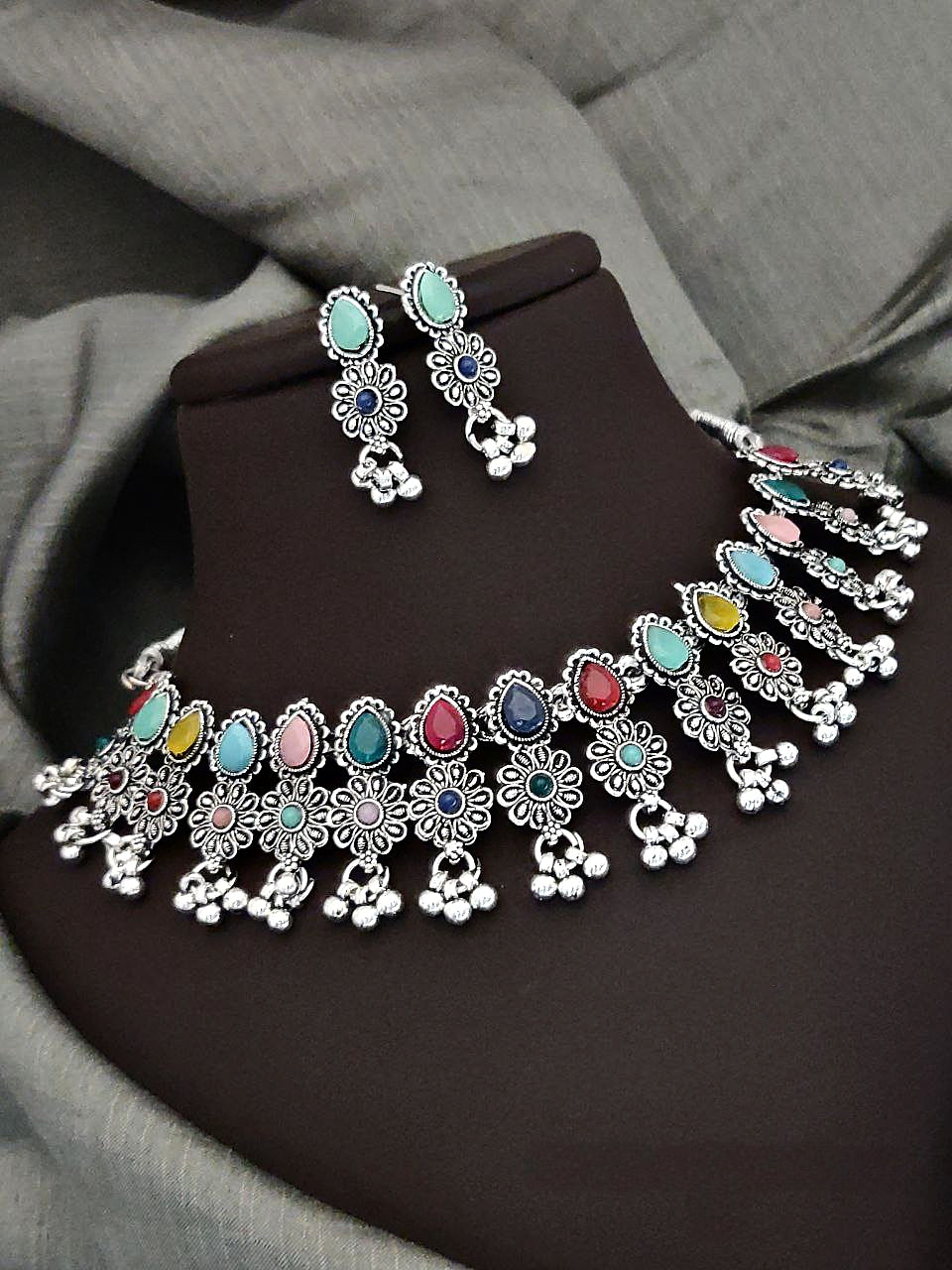 Oxidised Multicolor Stone Choker Necklace Set with Earrings