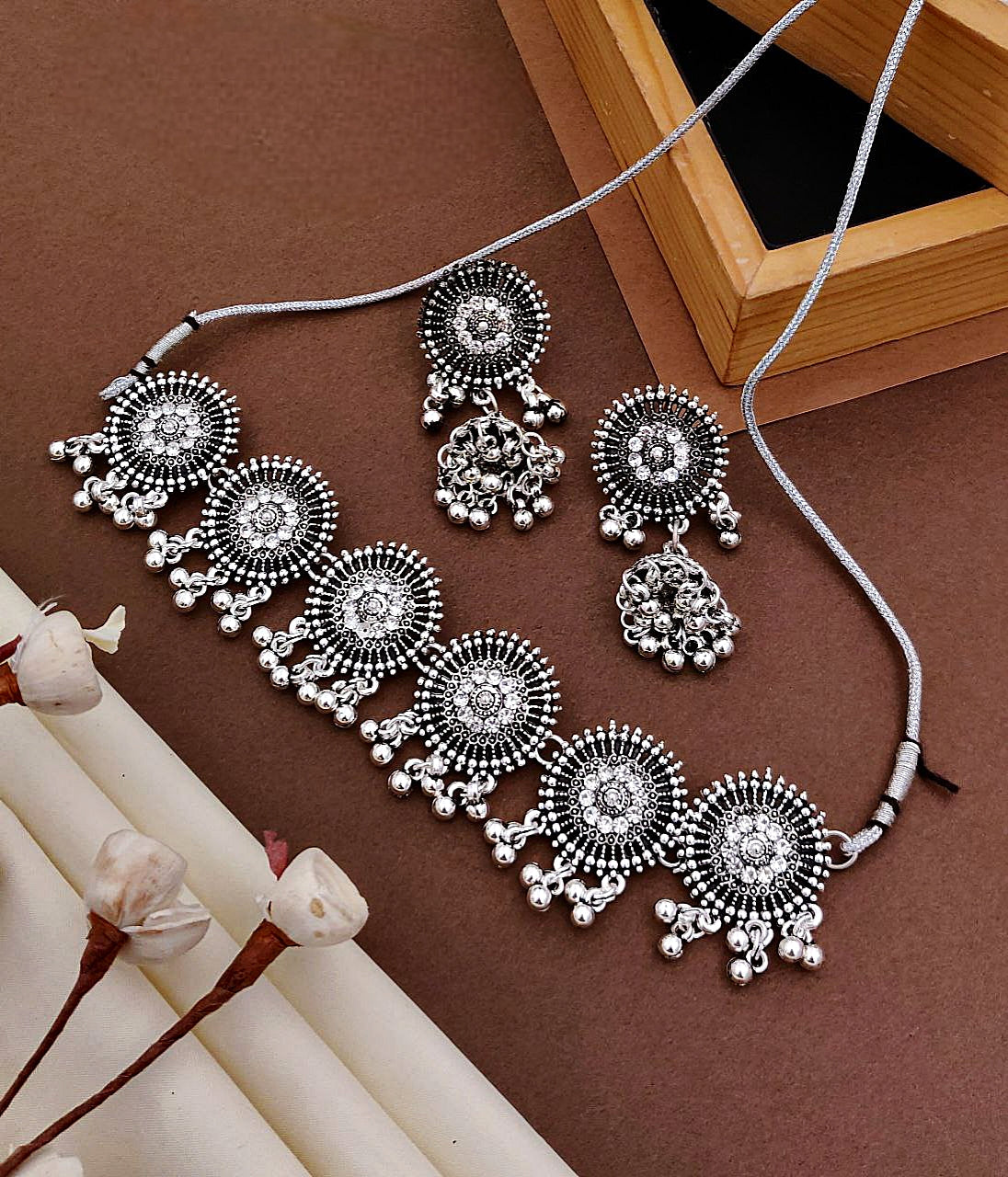 Oxidised Silver Sunburst Choker Necklace Set with Earrings