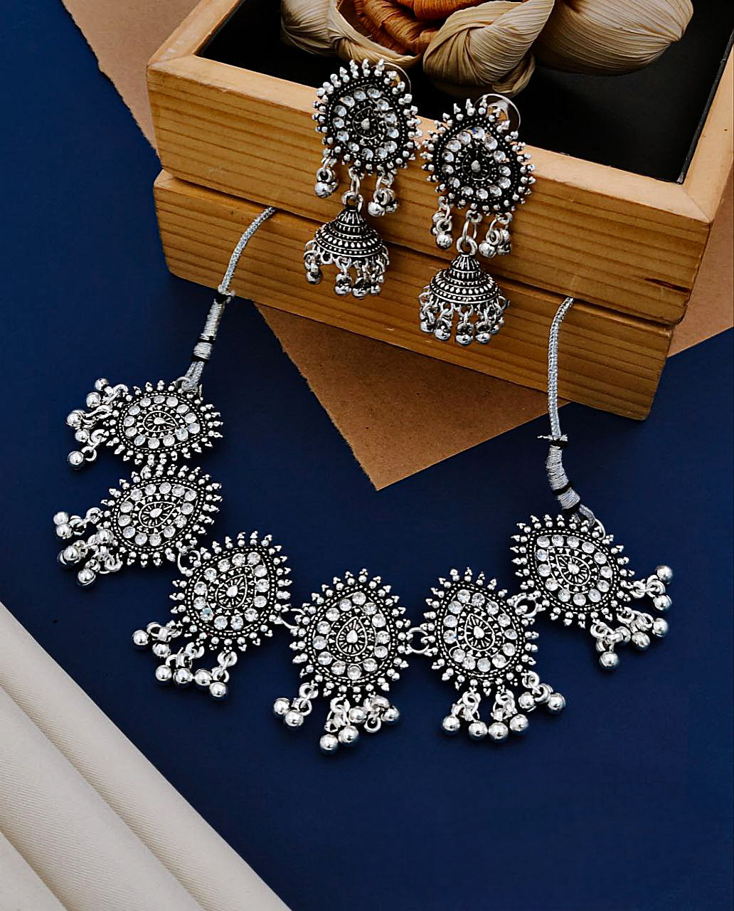 Oxidised Silver Paisley Choker Necklace Set with Jhumka Earrings