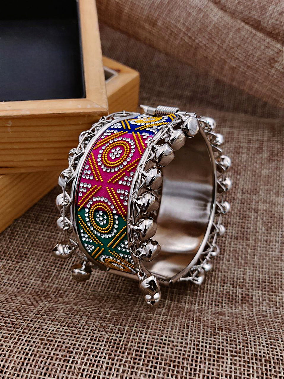 Tribal Oxidized Kada with Vibrant Enamel & Ghungroo Bells