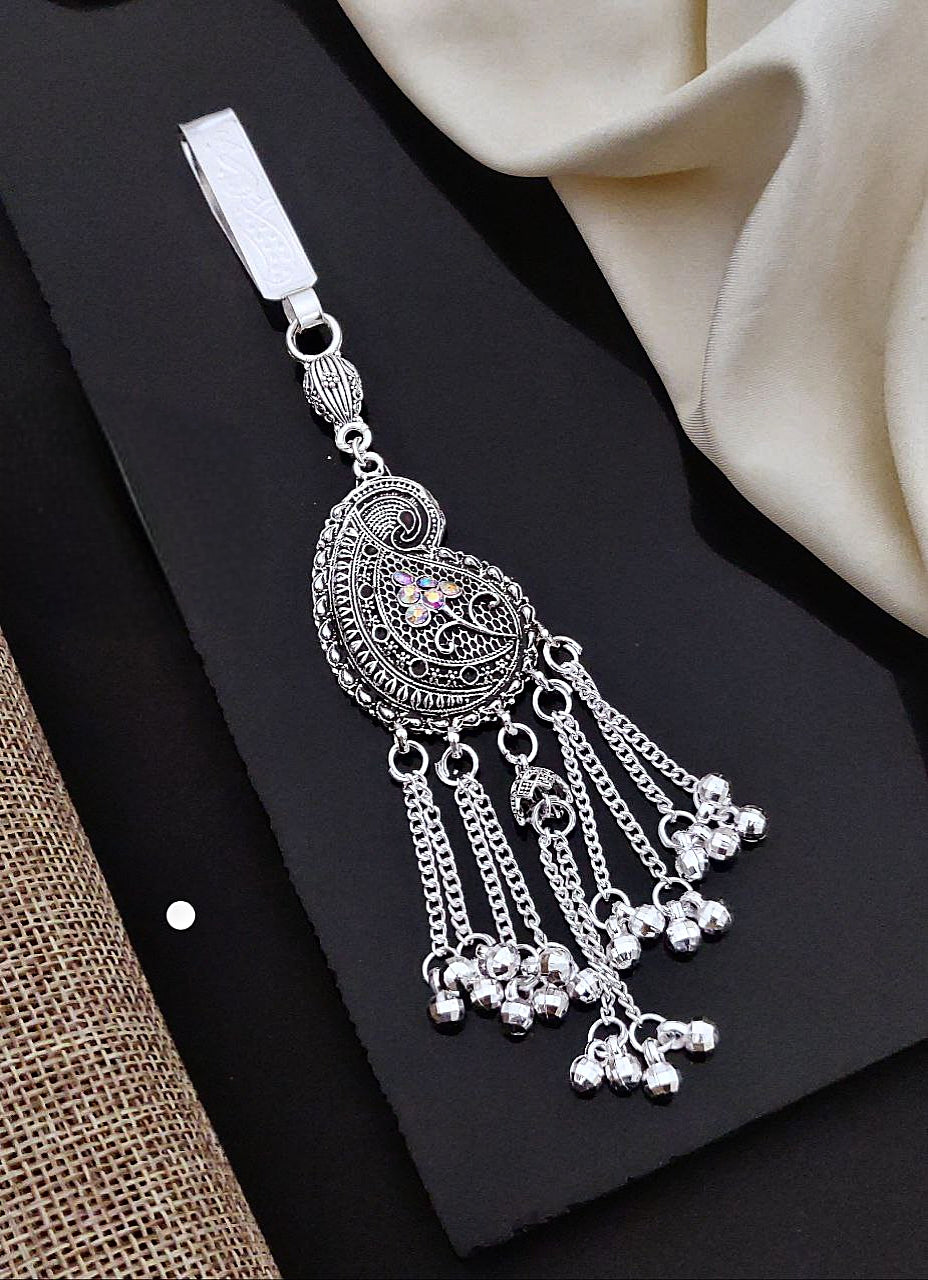 Oxidized Silver Paisley Juda Pin with Hanging Chains & Ghungroo