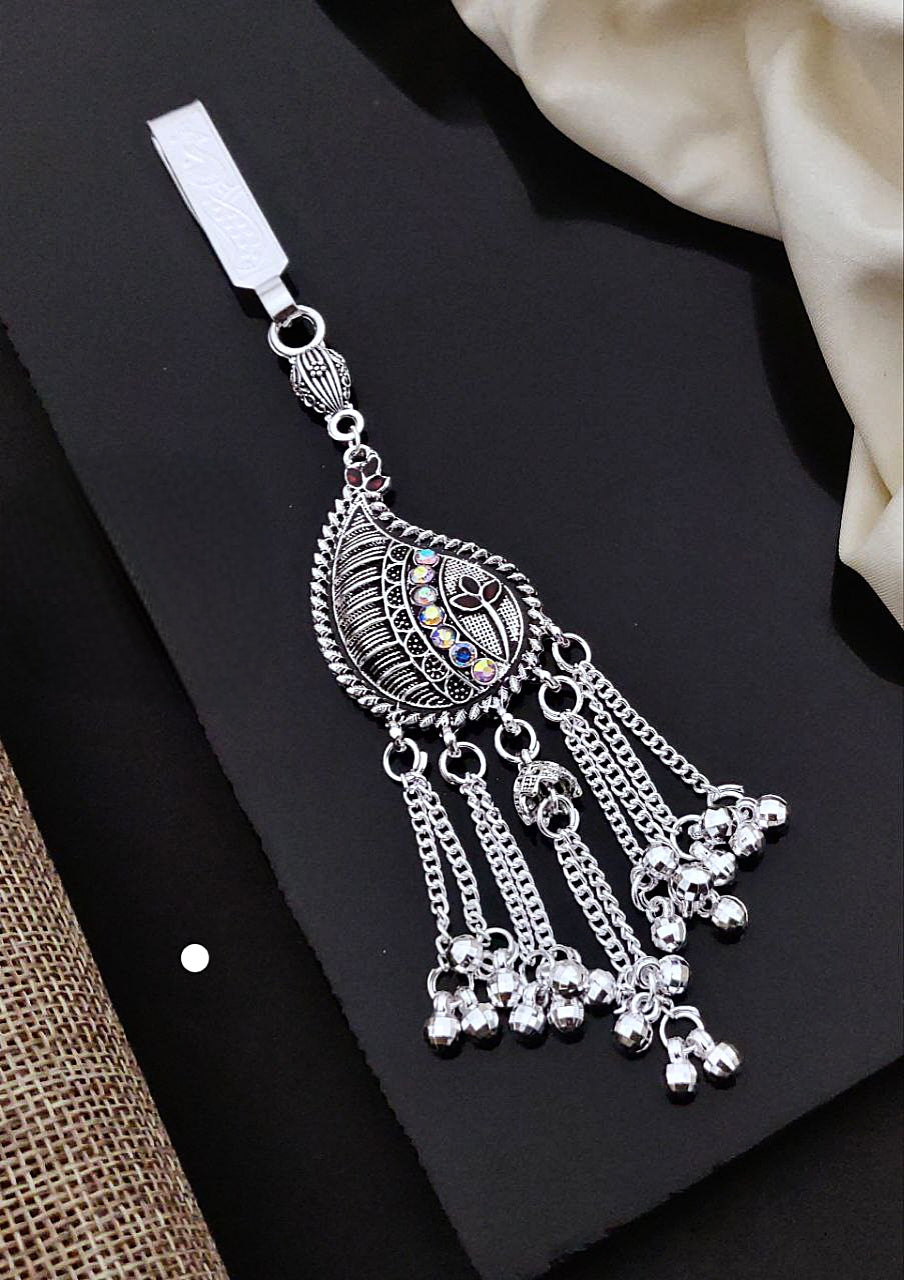 Oxidized Silver Teardrop Juda Pin with Colorful Stones & Ghungroo Tassels