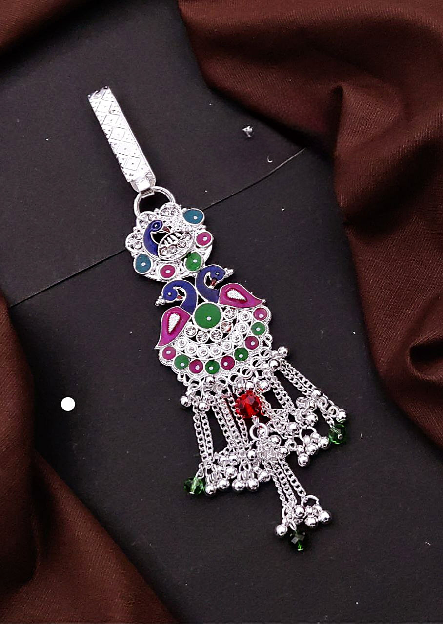 Oxidized Silver Peacock Juda Pin with Multicolor Stones & Tassels