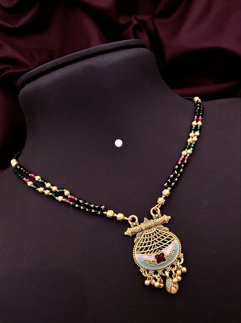 Antique Gold-Plated Mangalsutra with Net-Pattern Enamel Pendant