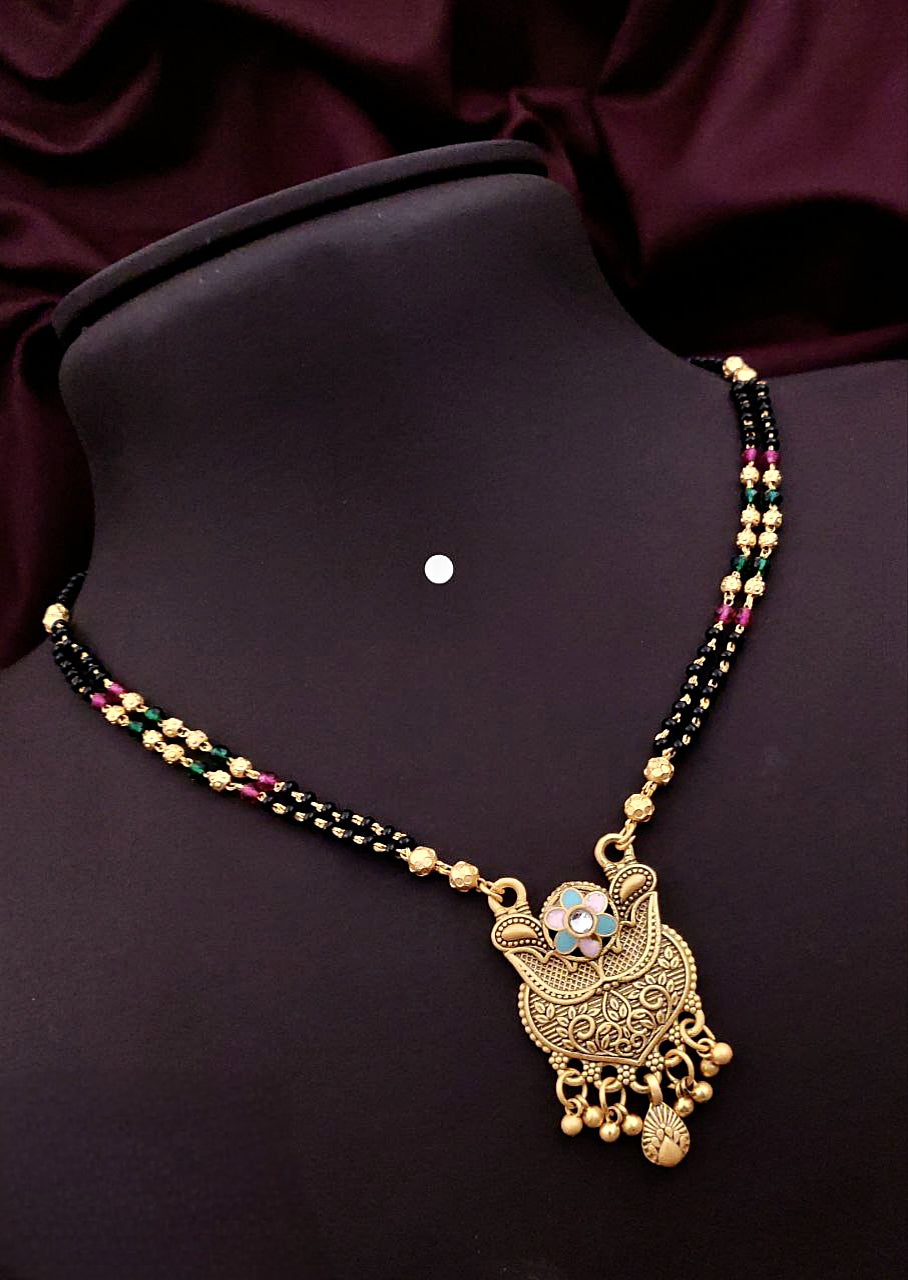 Antique Gold-Plated Mangalsutra with Enamelled Designer Pendants & Black Beads