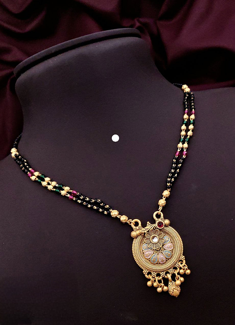 Antique Gold-Plated Mangalsutra with Crescent Floral Pendant with Petals