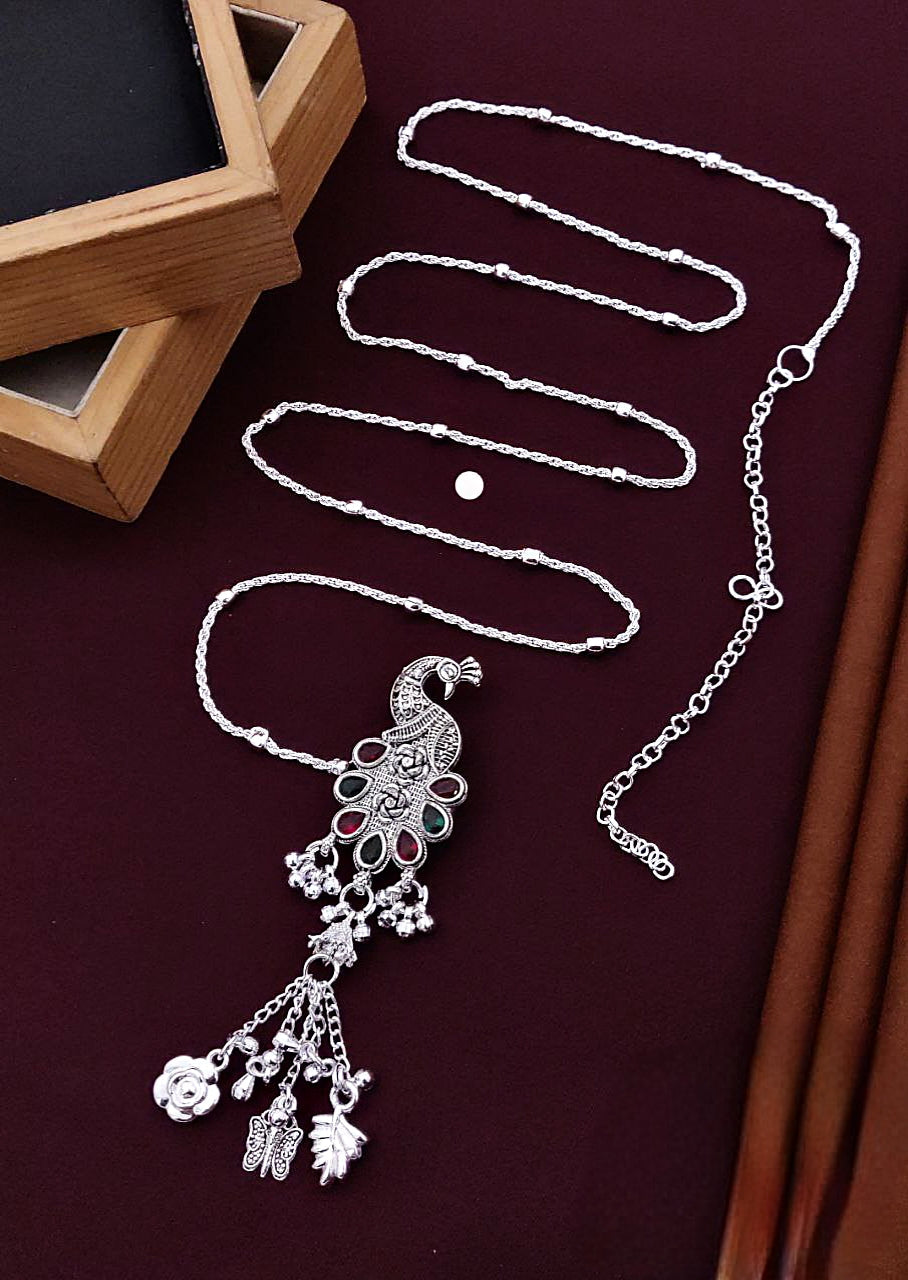 Antique Silver-Plated Peacock Design Kamar Belt with Dangling Charms
