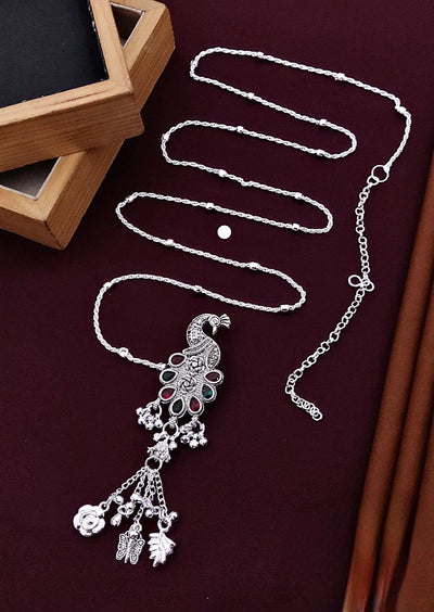 Antique Silver-Plated Peacock Design Kamar Belt with Dangling Charms