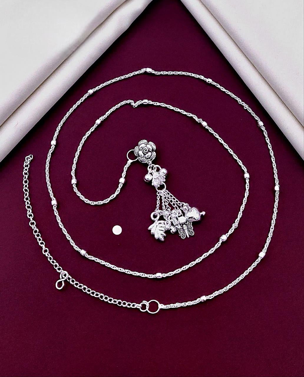 Antique Silver-Plated Floral Charm Kamar Belt with Danglers