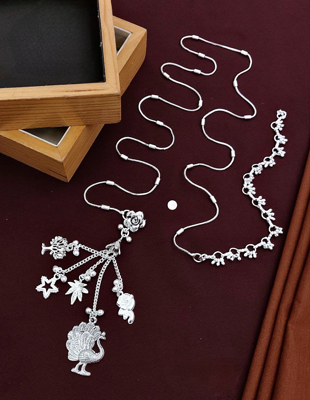 Antique Oxidized Silver Charm Waist Chain (Kamarband) with Peacock & Floral Motifs