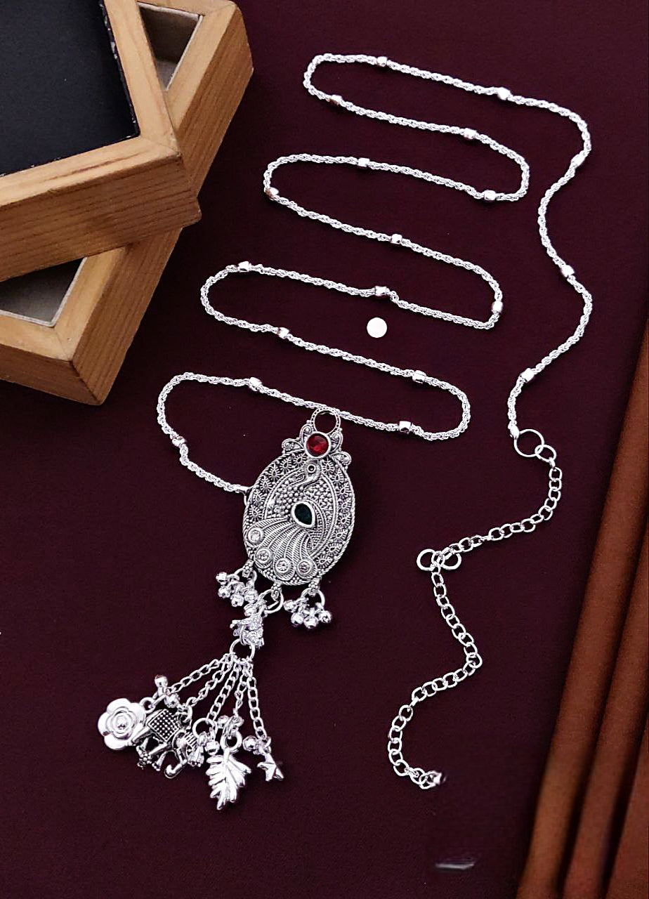 Antique Oxidized Silver Waist Chain with Peacock Pendant & Dangling Charms