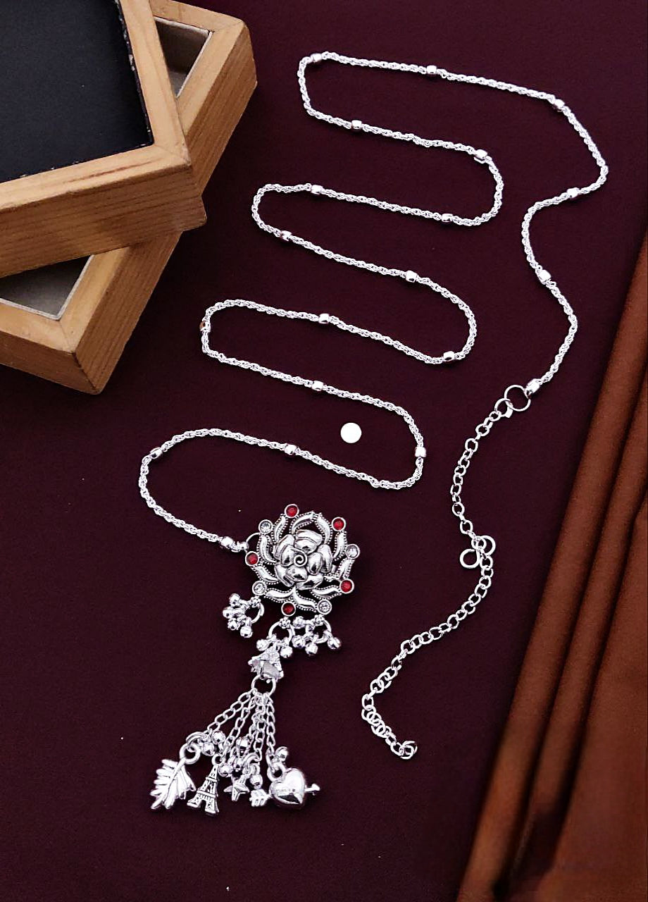 Antique Oxidized Silver Floral Waist Chain with Dangling Charms & Red Stone Accents