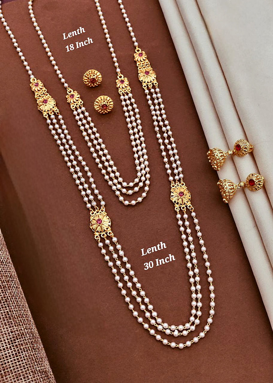 Antique Gold-Plated Pearl Jewellery Set with Long Haar, Necklace & Earrings