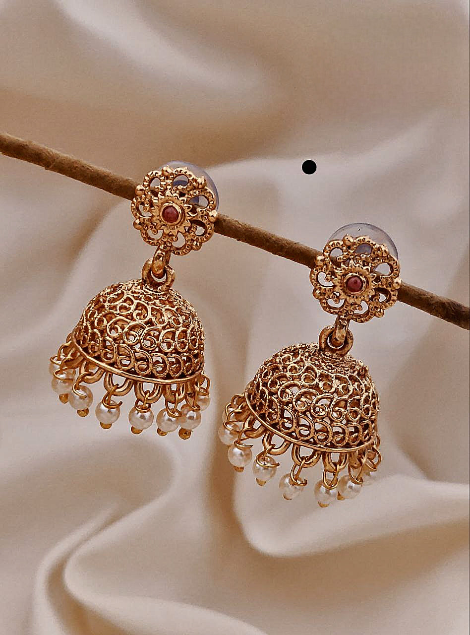 Antique Gold-Plated Jhumka Earrings with Pearl Beads